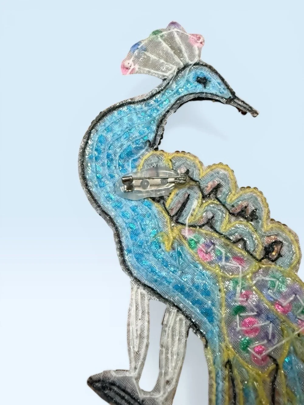 Vintage Turquoise Peacock Sequin & Beaded Appliqué Brooch - Picture 6 of 7